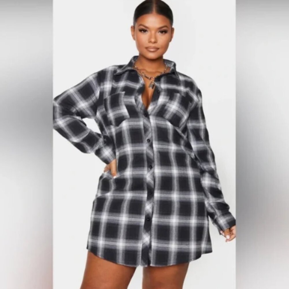 PrettyLittleThing Tunic Shirt Dress Black and White Plaid Check Oversized Medium